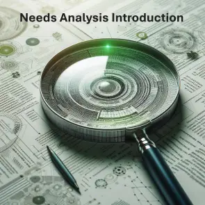 A magnifying glass on top of a report with the words Needs Analysis Introduction
