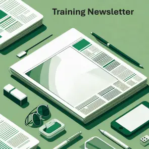 A newspaper with desktop items with the words Training Newsletter